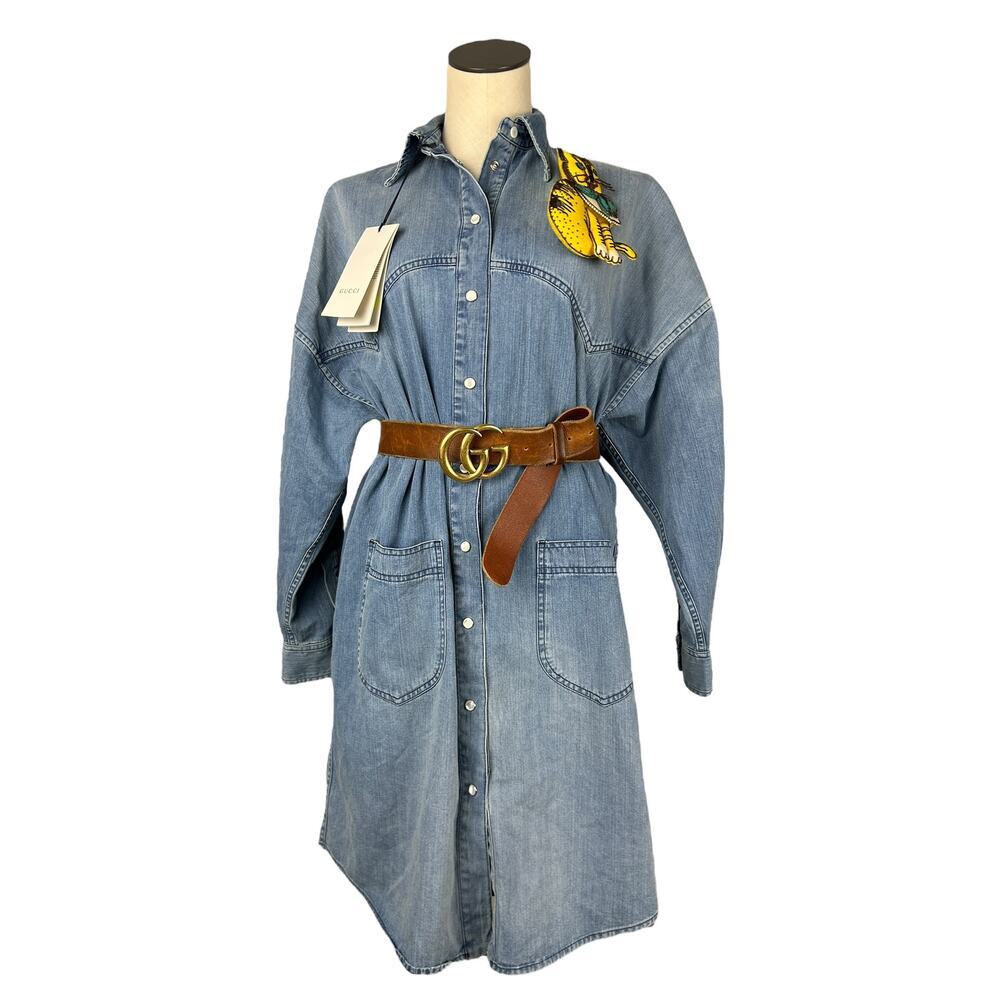 Gucci NWT SS 19 Bleached Oversized Denim Midi Dress w/ Cat Broach 38 M